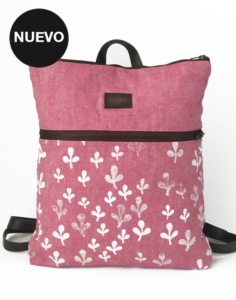 mochila cremallera rosa hojitas